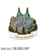 Magnetic souvenir from Slovakia isolated on white background. Translation of the inscription means the city name Bojnice Castle in English. Design element with clipping path. Редакционное фото, фотограф Елена  Попкова / Фотобанк Лори
