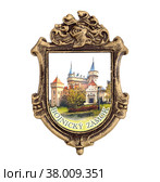Magnetic souvenir from Slovakia with coat of arms and the castle isolated on white background. The inscription means "Bojnice Castle" in English. Design element with clipping path. Редакционное фото, фотограф Елена  Попкова / Фотобанк Лори