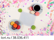 Сoffee cup, macaroons and blank card with space for your text. Стоковое фото, фотограф Elena Molodavkina / Фотобанк Лори