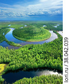 Bright summer landscape. Aerial photography of landscape in Western Siberia. Agan River, tributary of Ob River. Стоковое фото, фотограф Икан Леонид / Фотобанк Лори