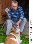 Russia Polevskoy August 2021: An elderly man relaxes near a Russian bathhouse with his dog and smokes a cigarette. Редакционное фото, фотограф Акиньшин Владимир / Фотобанк Лори
