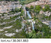 View from drone on waterfall on Sant Miquel del Fai. Стоковое фото, фотограф Яков Филимонов / Фотобанк Лори
