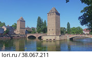 Medieval bridge Ponts Couverts from Barrage Vauban in Strasbourg, France. Стоковое видео, видеограф Яков Филимонов / Фотобанк Лори
