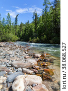 Fast river with stone channel, clear blue water and green forest along banks on sunny day. Beautiful summer landscape. Natural background. Ehe-Ukhgun river, Nilovka, Tunka foothill valley, Buryatia. Стоковое фото, фотограф Виктория Катьянова / Фотобанк Лори