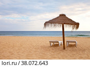 Beautiful sandy deserted beach with an umbrella and deck chairs on the beach. The concept of a summer holiday. Natural sea background. Стоковое фото, фотограф Виктория Катьянова / Фотобанк Лори