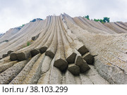 Basalt columns forming a coastal rock at Cape Stolbchaty on Kunashir Island, close-up. Стоковое фото, фотограф Евгений Харитонов / Фотобанк Лори