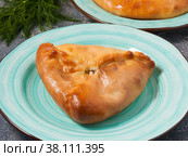 echpochmak is a traditional Tatar pie with potatoes and meat. Стоковое фото, фотограф Дмитрий Ульянов / Фотобанк Лори