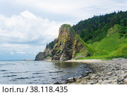 Coastal landscape, beautiful lava rocks on the green coast of Kunashir island. Стоковое фото, фотограф Евгений Харитонов / Фотобанк Лори