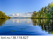 View of the island at sunset with reflection. Haukivesi lake. Finland. Стоковое фото, фотограф Михаил Аккуратoв / Фотобанк Лори