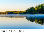 Sunrise over the Lake Haukivesi. Over the water mist. Стоковое фото, фотограф Михаил Аккуратoв / Фотобанк Лори