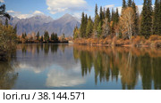 Autumn landscape with yellowed trees on banks of Irkut River and mountains of Eastern Sayan in distance on sunny September day. Baikal region, Buryatia, Tunka foothill valley. Стоковое видео, видеограф Виктория Катьянова / Фотобанк Лори