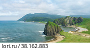 Aerial view of the beautiful coastline of Kunashir island with basalt cliffs. Стоковое фото, фотограф Евгений Харитонов / Фотобанк Лори