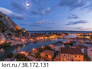 Omis Landscape at sunset with the moon and reflection (2015 год). Стоковое фото, фотограф Михаил Аккуратoв / Фотобанк Лори