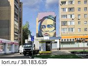 Рисунок на фасаде " Незнакомка " на ул. Новая ,37  —  художник Dnamernine . Международный фестиваль уличного искусства "Культурный код - 2022" в Балашихе, мкр-н Железнодорожный. Редакционное фото, фотограф stargal / Фотобанк Лори