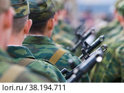 Russian soldiers in a formation, the back view. Стоковое фото, фотограф Александр Подшивалов / Фотобанк Лори