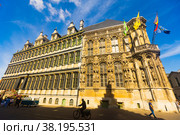Ghent, Belgium - August 06, 2022: Buildings of Ghent City Hall and Town Hal. Редакционное фото, фотограф Яков Филимонов / Фотобанк Лори