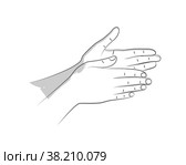 Two female hands in realistic gesture of stroking, rubbing and applying to skin moisturizing cream. Hand skin care to prolong health, beauty and youth. Skin care, nutrition and protection. Sketch. Две женские руки в реалистичном жесте поглаживания, растирания и нанесения на кожу увлажняющего крема. Уход за кожей рук для продления здоровья, красоты и молодости. Уход за кожей, питание и защита. Эскиз. Стоковая иллюстрация, иллюстратор Dmitry Domashenko / Фотобанк Лори