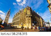 Ghent, Belgium - August 06, 2022: Buildings of Ghent City Hall and Town Hal. Редакционное фото, фотограф Яков Филимонов / Фотобанк Лори