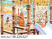 Children's Playground is closed due to pandemic, epidemic. Ban on children's playgrounds. Prevention of covid. Fight against virus. Self-isolation mode. Stay at home! Copyright space for site. Стоковая иллюстрация, иллюстратор Aleksandr Golubev / Фотобанк Лори
