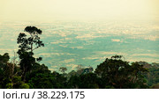 View from Phnom Bokor mountain to city Kampot in Cambodia with plants and trees in foreground and fog above clouds. Many French houses in center. Large background space for an inscription or logo. Стоковое фото, фотограф Aleksandr Golubev / Фотобанк Лори