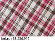 Шерстяной плед в натуральную коричнево-розовую клетку, фон. Natural brown pink checkered woolen plaid, background. Стоковое фото, фотограф Марина Шабардина / Фотобанк Лори