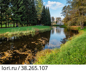 Екатерининский парк (Царское Село). Верхние пруды, Китайская беседка. Catherine Park (Tsarskoye Selo). Upper Ponds, Chinese gazebo. (2021 год). Редакционное фото, фотограф Евгений Романов / Фотобанк Лори