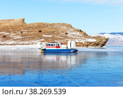 Frozen Baikal Lake. The Hivus hovercraft transports tourists across the Olkhon Gate Strait from Olkhon Island to the village of Sakhyurta. Cows graze on a coastal hill on a sunny cold day. Winter travel. Стоковое фото, фотограф Виктория Катьянова / Фотобанк Лори