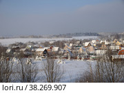 Panorama of Klin-Dmitrovsky ridge with villages on winter sunny day, Sergiev Posad district, Moscow region, Russia (2018 год). Стоковое фото, фотограф Алексей Антипов / Фотобанк Лори