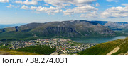 Summer panoramic landscape of the city of Kirovsk from Mountain Aykuaivenchorr (Aykuaivenchorr) (2019 год). Стоковое фото, фотограф Михаил Аккуратoв / Фотобанк Лори