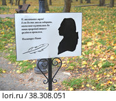 Стенд с цитатой и портретом Иммануила Канта. Литературно-янтарная тропа в парке имени Морица Беккера. Поселок Янтарный, Калининградская область (2022 год). Редакционное фото, фотограф Ирина Борсученко / Фотобанк Лори