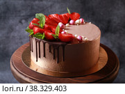 Вкусный торт в шоколадной глазури с ягодами клубники и мятой на темном фоне. Стоковое фото, фотограф Яна Королёва / Фотобанк Лори