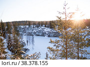Winter landscape of Ruskeala Park. Marble canyon under the snow. Russia, Republic of Karelia. (2018 год). Стоковое фото, фотограф Photojuli / Фотобанк Лори