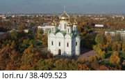 Город Пушкин. Собор святой великомученицы Екатерины. Вид с воздуха. The city of Pushkin. Cathedral of St. Catherine the Great Martyr. Aerial view. (2021 год). Стоковое видео, видеограф Евгений Романов / Фотобанк Лори