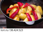 Рецепт приготовления картофеля с мясом и овощами в казане на природе. Приготовление еды. Кулинарные рецепты. Пошаговая фото инструкция по приготовлению. Стоковое фото, фотограф Photojuli / Фотобанк Лори