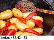 Рецепт приготовления картофеля с мясом и овощами в казане на природе. Приготовление еды. Кулинарные рецепты. Пошаговая фото инструкция по приготовлению. Стоковое фото, фотограф Photojuli / Фотобанк Лори