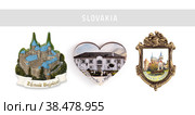 Magnetic souvenirs from Slovakia. Translation of the inscription: Castle of Bojnice; Bytche Wedding Palace; Bojnice Castle. Стоковое фото, фотограф Елена  Попкова / Фотобанк Лори