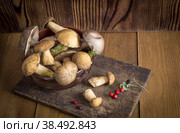 Forest mushrooms in a dark bowl on a wooden background. Copy space. Leccinum scabrum. Xerocomus. Стоковое фото, фотограф Мария Кошелева / Фотобанк Лори