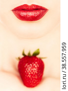 lips with strawberry. Стоковое фото, фотограф Lekcej / Фотобанк Лори