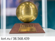 Россия. Санкт-Петербург. XXIII Петербургский международный экономический форум 2019. Стенд Евро-2020 на ПМЭФ-2019. Золотой мяч Льва Яшина. Russia. Saint-Petersburg. XXIII St. Petersburg International Economic Forum 2019. Euro 2020 stand at SPIEF 2019. Lev Yashin's Golden Ball. Редакционное фото, фотограф Алексей Смышляев / Фотобанк Лори
