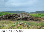 Piles of manure in field. Cow and horse manure with land. Стоковое фото, фотограф Леонид Еремейчук / Фотобанк Лори