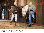 Older woman rancher leading horse out of stall while Asian woman holding saddle. Стоковое фото, фотограф Яков Филимонов / Фотобанк Лори