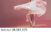 Legs of a ballerina in pointe shoes surrounded by a flowing skirt stand on a beige background. Стоковое фото, фотограф Мария Мороз / Фотобанк Лори