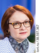 Russia. Saint-Petersburg. XXIII St. Petersburg International Economic Forum 2019. SPIEF 2019 participants. Russian statesman and politician, Chairman of the Central Bank of the Russian Federation Elvira Nabiullina. Россия. Санкт-Петербург. XXIII Петербургский международный экономический форум 2019. Участники ПМЭФ-2019. Российский государственный и политический деятель, председатель Центрального банка Российской Федерации Эльвира Набиуллина. Редакционное фото, фотограф Алексей Смышляев / Фотобанк Лори