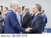 Russia. Saint-Petersburg. XXIII St. Petersburg International Economic Forum 2019. SPIEF 2019 participants. Moscow Mayor Sergei Sobyanin and Deputy Prime Minister of the Russian Federation Vitaly Mutko. Россия. Санкт-Петербург. XXIII Петербургский международный экономический форум 2019. Участники ПМЭФ-2019. Мэр Москвы Сергей Собянин и заместитель председателя правительства Российской Федерации Виталий Мутко. Редакционное фото, фотограф Алексей Смышляев / Фотобанк Лори