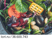 Salad diet for weight correction from the leaves of Lollo Rosso lettuce, watercress salad and other green herbs with tomatoes, olives and fitaki. Стоковое фото, фотограф Оксана Медведева / Фотобанк Лори