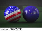 Бильярдные шары стилизованные в флаги США и Евросоюза. Геополитические игры. Стоковое фото, фотограф Happyphotons / Фотобанк Лори