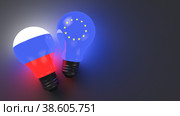 Российско-Европейское взаимодействие. Геополитическая тематика. Электрические лампочки с символикой Евросоюза и России. Стоковое фото, фотограф Happyphotons / Фотобанк Лори