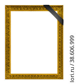 Golden frame with black mourning ribbon for paintings, mirrors or photo isolated on white background. Design element with clipping path. Стоковое фото, фотограф Елена  Попкова / Фотобанк Лори