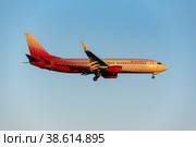 Самолет B737-800 авиакомпании Россия заходит на посадку в аэропорту города Ларнака. Кипр. Вечер. (2019 год). Редакционное фото, фотограф Свитич Олег / Фотобанк Лори