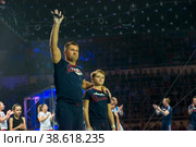 Легендарный гимнаст Алексей Немов с сыном на шоу Алексея Немова "Легенды спорта" - 2018 в Лужниках, Москва, Россия. Редакционное фото, фотограф Pukhov K / Фотобанк Лори